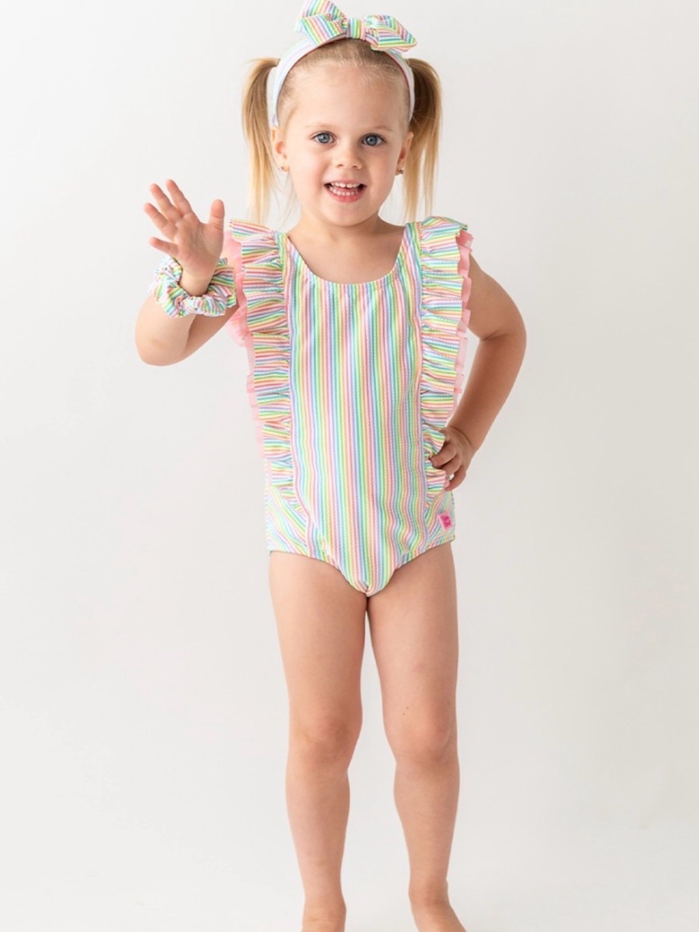 RuffleButts Pastel Striped Rainbow Ruffle One-Piece Swimsuit Sz 7